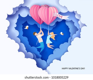 Valentines day card. Abstract background with couple in love flying, hearts balloons and blue sky. Vector illustration. Paper cut and craft style.