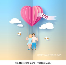 Valentines day card. Abstract background with couple in love on teeterboard, heart balloon and blue sky. Vector illustration. Paper cut and craft style.