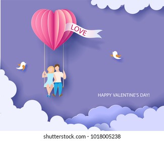 Valentines day card. Abstract background with couple in love on teeterboard, heart balloon and blue sky. Vector illustration. Paper cut and craft style.