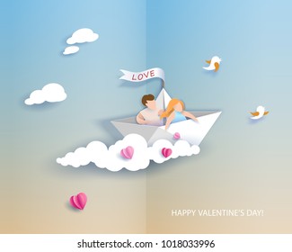 Valentines day card. Abstract background with couple in love in paper boat, heart and blue sky. Vector illustration. Paper cut and craft style.
