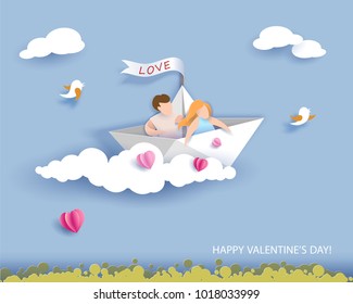 Valentines day card. Abstract background with couple in love in paper boat, heart and blue sky. Vector illustration. Paper cut and craft style.