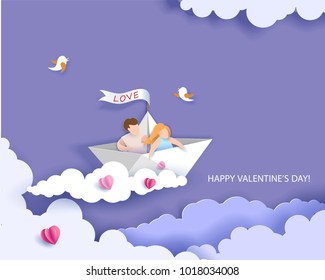 Valentines day card. Abstract background with couple in love in paper boat, heart and blue sky. Vector illustration. Paper cut and craft style.