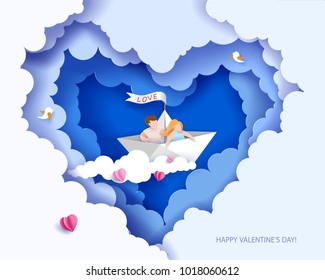Valentines day card. Abstract background with couple in love in paper boat, heart and blue sky. Vector illustration. Paper cut and craft style. Valentines day card. Abstract background with couple in love in paper boat, heart and blue sky. Vector illustration. Paper cut and craft style.