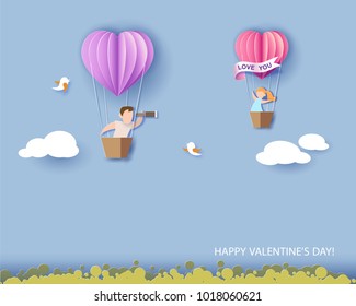 Valentines day card. Abstract background with couple in love in balloon basket, heart and blue sky. Vector illustration. Paper cut and craft style