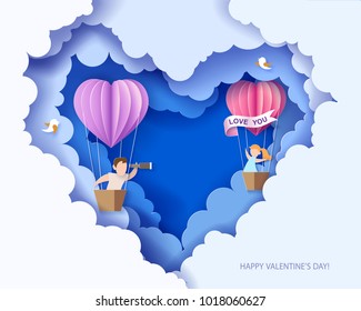 Valentines day card. Abstract background with couple in love in balloon basket, heart and blue sky. Vector illustration. Paper cut and craft style