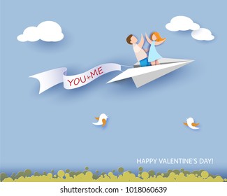 Valentines day card. Abstract background with couple in love flying on paper airplane, hearts and blue sky. Vector illustration. Paper cut and craft style.