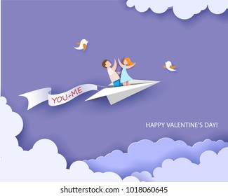 Valentines day card. Abstract background with couple in love flying on paper airplane, hearts and blue sky. Vector illustration. Paper cut and craft style.