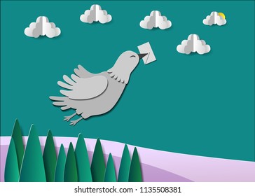 Valentines day card. Abstract background with happy girl flying on umbrella with swans and blue sky. Vector illustration. Paper cut and craft style.