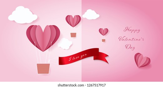 Valentine's Day card. Abstract background with heart shaped balloons floating in the pink sky. Paper cut.