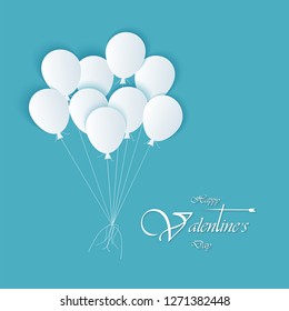 Valentine's Day card. Abstract background With the white balloons in the air and bright blue skies. Paper cut.