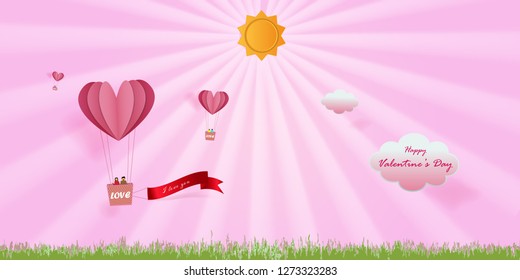Valentine's Day card. Abstract background with heart shaped balloons floating in the pink sky. Paper cut.