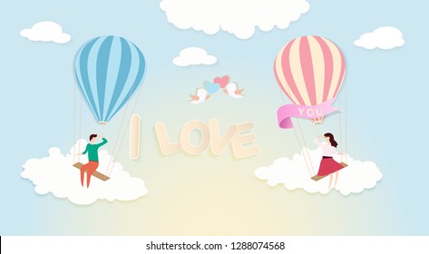 Valentines day card. Abstract background with couple in love on teeter board, balloon and blue sky . Vector illustration. Paper cut and craft style. 