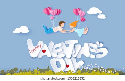 Valentine's day card. Abstract background with couple in love flying over big letters, hearts balloons and blue sky. Vector illustration. Paper cut and craft style.