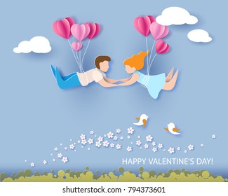 Valentine's day card. Abstract background with couple in love flying, hearts balloons and blue sky. Vector illustration. Paper cut and craft style.