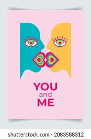 Valentine's day card with abstract human faces kissing and inscription "you and me". Creative concept of love between people of different nationalities. Holiday background, banner, flyer