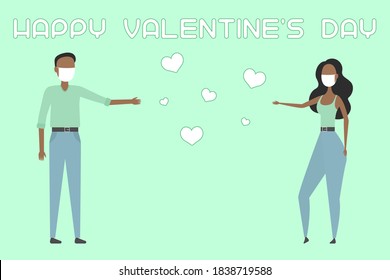 VALENTINE'S DAY card. African man and woman in face masks. Vector illustration.