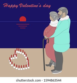 Valentine's day card. Aged man and woman admire sunset.