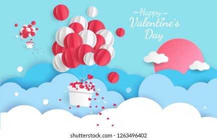 Valentines day card with air balloon, floating heart in paper cut style.