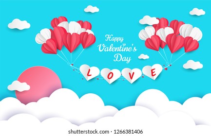 Valentines day card with air balloon, floating heart in paper cut style.