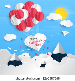 Valentine's day card with air balloons in the blue sky. Paper cut style.