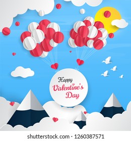 Valentine's day card with air balloons in the blue sky. Paper cut style.