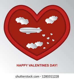 Valentine's day card with airship flying and scattering little hearts in the sky. Romantic feelings concept illustration. Paper style.