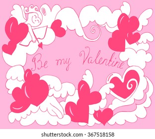 Valentine's Day card with angel and hearts. Vector sketch illustration, romantic background. 