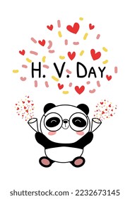 Valentines day card with baby panda vector illustration. Cute bear with firecrackers and confetti. H. V. Day phrase. Flat style For tee, print