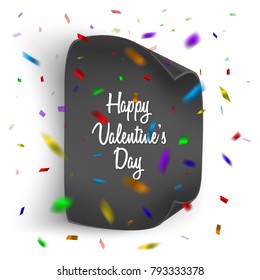 Valentines day card background with confetti and realistic paper. Vector illustration. Wallpaper, illustration for flyers, posters and brochure covers