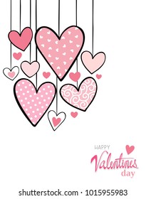 valentines day card background with cute hanging hearts and text on white background
