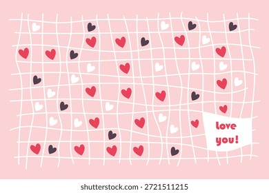 Tarjeta de San Valentín. Fondo con una cuadrícula y corazón escrito a mano, texto "Te amo". Ilustración para una postal, invitación, saludo.