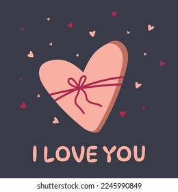 Tarjeta de San Valentín. Fondo con caricatura dibujada a mano caja en forma de corazón con corazones y me encanta el texto