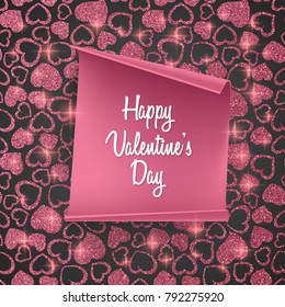 Valentines day card background with seamless heart pattern, glittering texture and realistic paper. Vector illustration. Wallpaper, illustration for flyers, posters and brochure covers