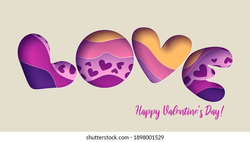 Valentines day card background. Word LOVE cut and layered. Vector illustration. Paper art cut. For web and print, wallpaper, flyers, invitation, posters, banners