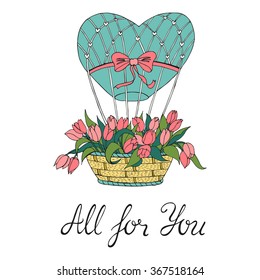 Valentine's Day card with balloon and flowers. Vector sketch illustration, romantic background.