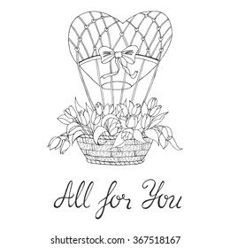 Valentine's Day card with balloon and flowers. Vector sketch illustration, romantic background.