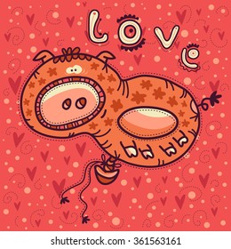 Valentine's Day card, balloon with a portrait of a happy pig and text Love flies in the red sky among red hearts and yellow dots.