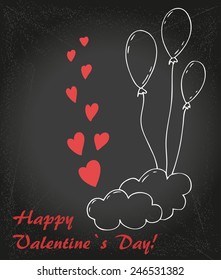 Valentine`s  Day card with balloons, cloud and hearts