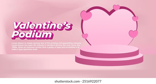 valentine's day card banner advertising with podium product display 3d cylinder and heart shape illustration with pink background