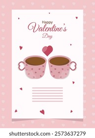 Valentine's day card or banner with cups of coffee and hearts, vector illustration	