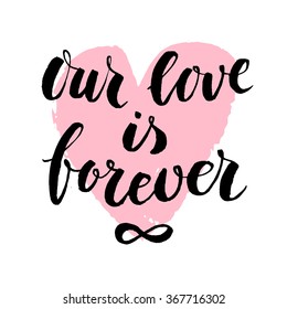 Valentines Day card or banner with handwritten love quote in modern calligraphy style and textured handdrawn heart on the background.