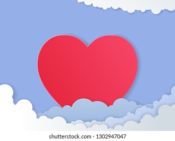 Valentines day card for banner, poster, greeting card with paper heart on sky, Paper cut style, Vector Illustration.