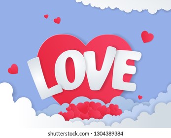 Valentines day card for banner, poster, greeting card with Love text and paper heart sky. Paper cut style. Vector Illustration.
