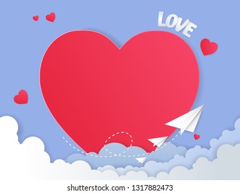 Valentines day card for banner, poster, greeting card with Paper plane and Big heart, Paper cut style, Vector Illustration.