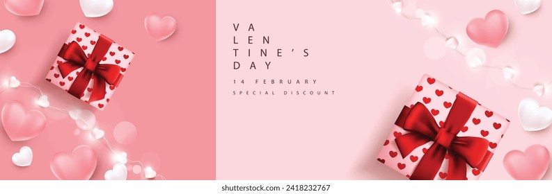 Valentine's day card, banner or poster template background with festive heart shaped and gift decoration