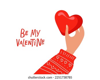 Valentine's Day card. Be mine Valentine lettering and human hand with red heart. Hand drawn lettering. Vector phrase and Flat heart isolated. Valentine's Day concept for for posters, banner, print