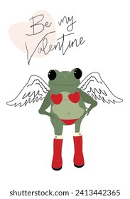 Valentine's Day card. Be my Valentine. Valentines background. Funny card for Valentine's Day. Funny frog with wings. Amur or cupid