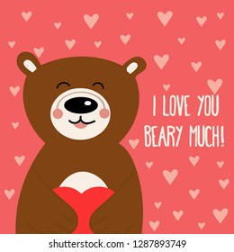 Valentine's day card with bear. Flat design