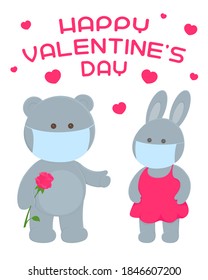 Valentines Day card. Bear in mask give flower to hare. Vector illustration.