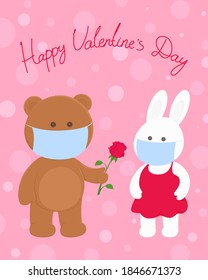 Valentines Day card. Bear in mask give flower to rabbit. Vector illustration.